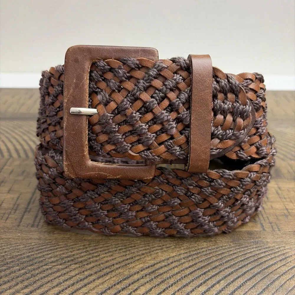 Vintage Woven Leather Cotton Belt Wide Brown Boho Western Women Size S